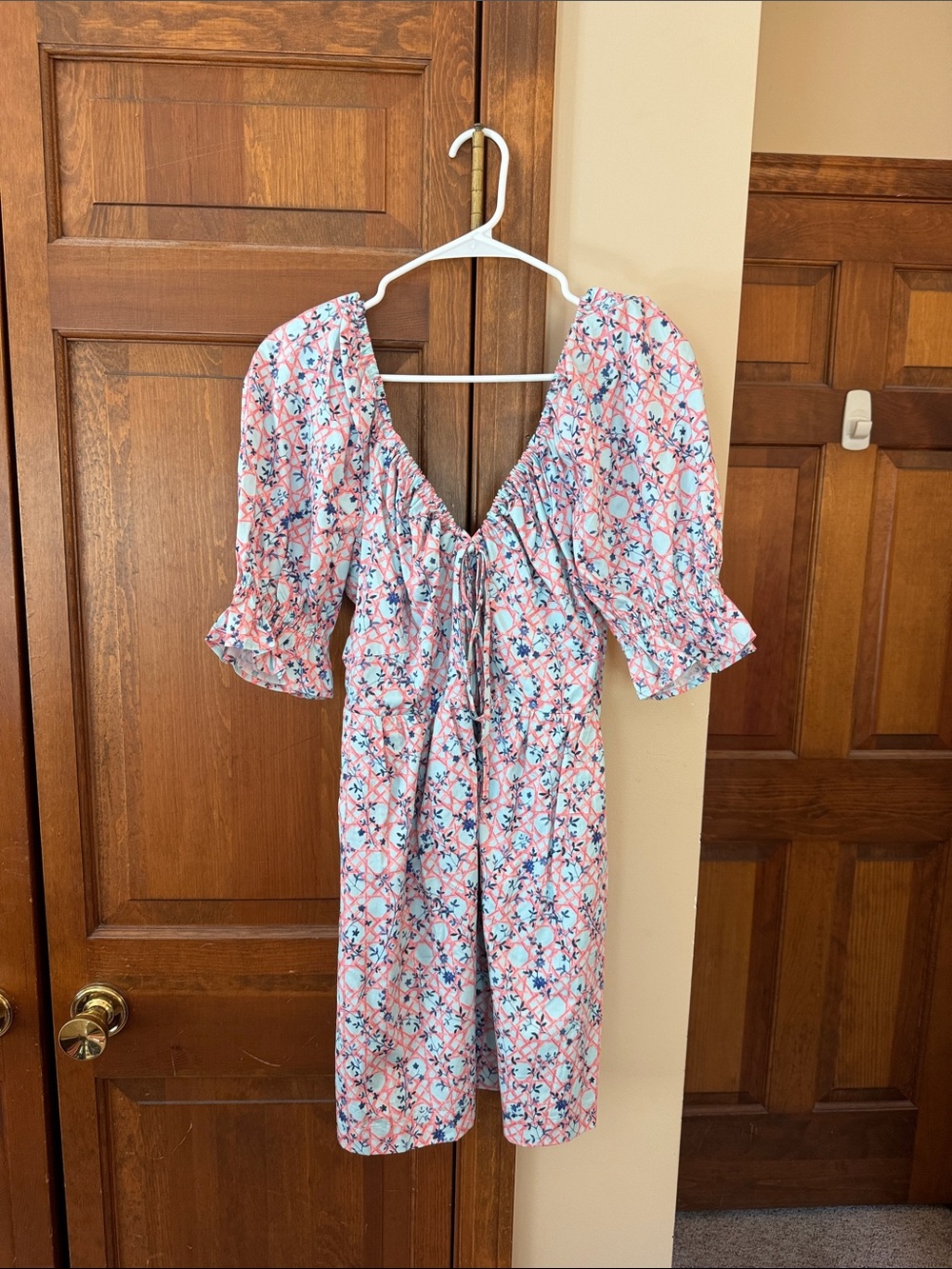 Hill House Pink & Blue Floral Mini Ophelia Dress with Puff Sleeves - medium